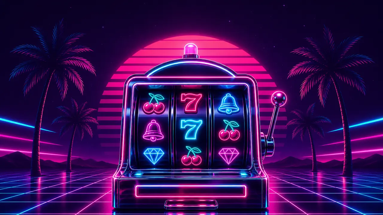 Neon synthwave slot machine for an online casino volatility guide