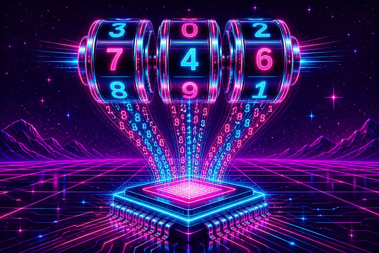 Neon online casino slot reels fed by a random number chip